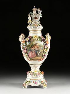 A CARL THIEME FLORAL ENCRUSTED AND FIGURAL PORCELAIN LIDDED VASE ON STAND, MARKED, DRESDEN, GERMANY, EARLY 20TH CENTURY,
