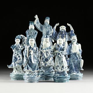 EIGHT CHINESE BLUE AND WHITE PORCELAIN DAOIST IMMORTAL FIGURES, 20TH CENTURY,