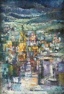 MEXICAN SCHOOL, A PAINTING, "Colorful Townscape," 1965,