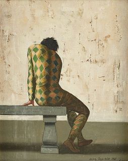 ALDO PAGLIACCI (Italian 1913-1991) A PAINTING, "Arlecchino Seduto (Harlequin Sitting)," 1961,