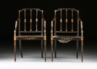 A PAIR OF REGENCY STYLE PAINTED, CANED AND EBONIZED WOOD ARMCHAIRS, 19TH CENTURY,