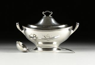 A REED & BARTON STERLING SILVER LIDDED TUREEN AND A THIBAULT COIN SILVER "WHEAT SHEAF" LADLE, EACH MARKED, EARLY & LATE 19TH CENTURY,