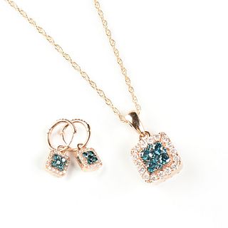 A LE VIAN 14K ROSE GOLD, BLUE TOPAZ, CHOCOLATE, AND WHITE DIAMOND DOUBLE-SIDED PENDANT NECKLACE AND EARRINGS,