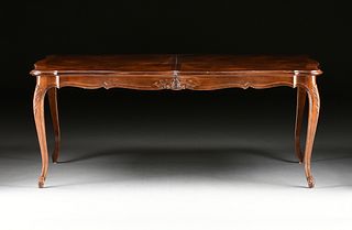 A HENREDON FRENCH PROVINCIAL STYLE MAHOGANY PARQUETRY DINING TABLE, MODERN,