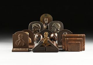 A GROUP OF EIGHT PAIRS OF BOOKENDS AND A SINGLE BOOKEND ALL WITH A LITERARY THEME, AMERICAN, 20TH CENTURY,
