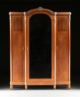 A FRENCH LOUIS XVI REVIVAL GILT METAL MOUNTED BURLED WALNUT AND TULIPWOOD MIRRORED ARMOIRE,  EARLY 20TH CENTURY,