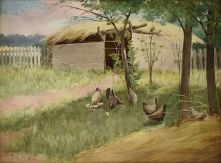 PAUL E. HARNEY, JR. (American 1850-1915) A PAINTING ON PORCELAIN, "Chickens Foraging in a Barn Yard," CIRCA 1900,