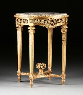 A LOUIS XVI STYLE MARBLE TOPPED AND GILT CARVED WOOD CIRCULAR SIDE TABLE, LATE 19TH/EARLY 20TH CENTURY,