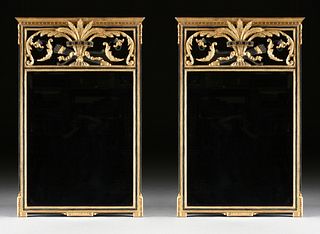 A PAIR OF ITALIAN NEOCLASSICAL STYLE PARCEL GILT AND BLACK PAINTED MIRRORS, LABELED, SECOND HALF 20TH CENTURY,