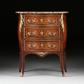 A LOUIS XV STYLE MARBLE TOPPED AND ORMOLU MOUNTED FLORAL MARQUETRY INLAID PETITE COMMODE, FRENCH, LATE 19TH CENTURY,