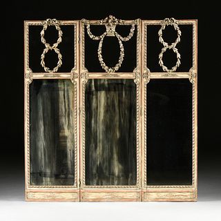 A LOUIS XVI STYLE GILT AND PAINTED WOOD THREE PANEL GLASS AND MIRROR FLOOR SCREEN, LATE 19TH/EARLY 20TH CENTURY,