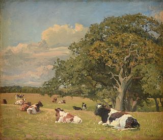 GERHARD BLOM (Danish 1866-1930) A PAINTING, "Friesian Cows in Pasture," 1919,