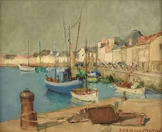 FRANCIS PAUL ETIENNE (French 1874-1960) A PAINTING, "Boats in the Harbor," 20TH CENTURY,