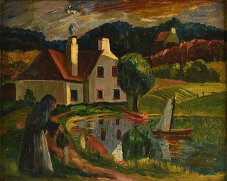 EUROPEAN MODERNIST SCHOOL (20th Century) A DOUBLE SIDED PAINTING, "House next to a Pond,"