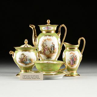 A DRESDEN TWENTY-SEVEN PIECE PARCEL GILT AND GREEN GROUND PORCELAIN COFFEE SERVICE, BY RICHARD KLEMM, GERMAN, EARLY 20TH CENTURY,