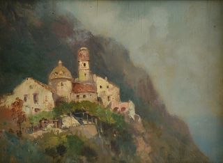 OSCAR RICCIARDI (Italian 1864-1935) A PAINTING, "Town in the Mountains," LATE 19TH/EARLY 20TH CENTURY,