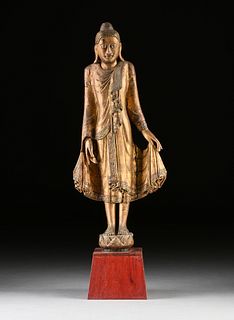 A BURMESE INLAID GILTWOOD STANDING BUDDHA, 19TH CENTURY,