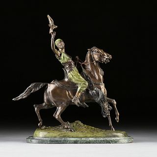 after PIERRE JULES MENE (French 1810-1879) A SCULPTURE, "The Arab Falconer on Horseback," 20TH CENTURY,