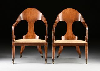 A PAIR OF REGENCY CARVED MAHOGANY AND CANED GONDOLA ARMCHAIRS, EARLY 19TH CENTURY,