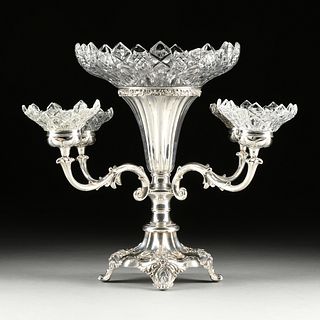 A VICTORIAN SHEFFIELD STYLE SILVER PLATE AND CUT CRYSTAL FOUR LIGHT EPERGNE, PROBABLY ENGLISH, CIRCA 1900,