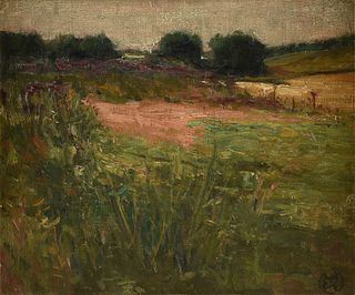 HENRY G. KELLER (American 1869-1945) A PAINTING, "Landscape with Purple Flowers," 20TH CENTURY,