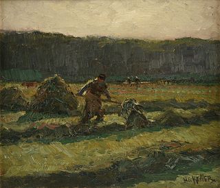 HENRY G. KELLER (American 1869-1945) A PAINTING, "Haystacks," 20TH CENTURY,