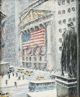 MARILYN GUERINOT (American/Texas b. 1947) A PAINTING, "New York Stock Exchange with Flags," 21ST CENTURY,
