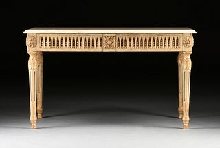 AN ITALIAN NEOCLASSICAL MARBLE TOPPED PARCEL GILT AND WHITE PAINTED WOOD CONSOLE TABLE, 19TH/20TH CENTURY,
