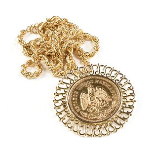 A 14K YELLOW GOLD MEXICAN 50 PESOS COIN BROOCH PENDANT AND ROPE CHAIN NECKLACE,