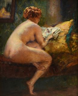 FERDINAND MAX BREDT (German 1860-1921) A PAINTING, "Seated Nude, Reading," 1913,