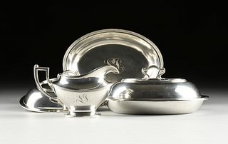 TWO REED & BARTON STERLING SILVER COVERED ENTREE DISHES WITH CREAM PITCHER, MARKED, LATE 19TH/EARLY 20TH CENTURY,