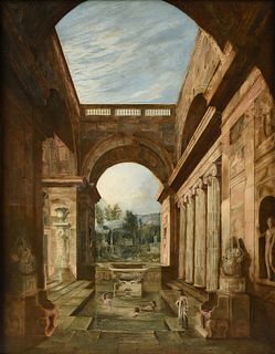 after ALESSANDRO SALUCCI (Italian 1590 c.1650) A CAPRICCIO PAINTING, "Bathing amidst Roman Bath Ruins," 19TH CENTURY,
