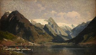 HERMANN OTTOMAR HERZOG (German/American 1832-1932) A PAINTING, "Mountain Lake," 19TH/20TH CENTURY,