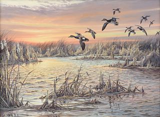 HERB BOOTH (American/Texas 1942-2014) A PAINTING, "Gray Ducks at Dawn," LATE 20TH CENTURY,