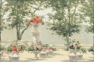 ANDRE GISSON (American 1921-2003) A PAINTING, "Woman on Terrace with Flowers," 20TH CENTURY,
