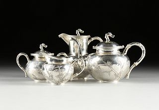 A CHINESE EXPORT FOUR PIECE "BAMBOO" REPOUSSÉ SILVER TEA SET, BY HUNG CHONG & CO, STAMPED, SHANGHAI, CIRCA 1900,