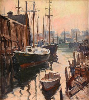 EMILE ALBERT GRUPPÉ (American 1896-1978) A PAINTING, "Moored Boats along Docks,"