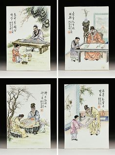 attributed to WANG QI (Chinese 1884-1937) FOUR FAMILLE ROSE PLAQUES, CHINESE REPUBLIC PERIOD (1912-1949),