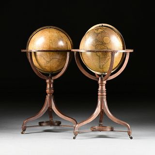 A MATCHED PAIR OF REGENCY CARY'S NEW TERRESTRIAL AND CELESTIAL 18" GLOBES ON STANDS, BY JOHN AND WILLIAM CARY, STRAND, LONDON, 1816,