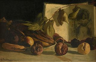 LÉON POURTAU (French 1868-1898) A PAINTING, "Still Life with Fruit and Picture Book," LATE 19TH CENTURY,
