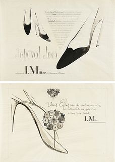 attributed to ANDY WARHOL (American 1928-1987) FOR DAVID EVINS AND ANDRE PERUGIA, TWO ADVERTISEMENT ILLUSTRATIONS, 1949-1955,