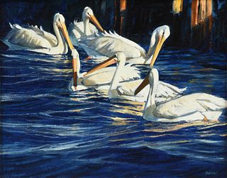 AL BARNES (American/Texas 1937-2015) A PAINTING, "Pelicans," LATE 20TH/21ST CENTURY,