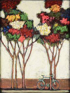 DAVID ADICKES (American/Texas b. 1927) A PAINTING, "Flowering Trees and Bicycle," CIRCA 2010,