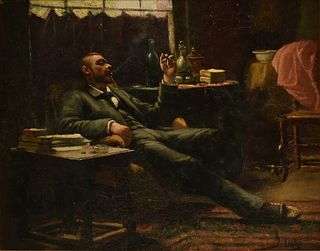 JACQUES DORÉ (French 1861-1929) A PAINTING, "Recumbent Man Smoking a Cigar," 1890s-1920s,