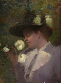 ÉTIENNE  TOURNÈS (French 1857-1931) A PAINTING, "Woman Scenting Camellias," LATE 19TH/EARLY 20TH CENTURY,