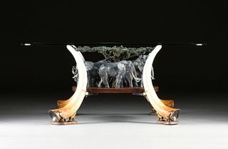 RON HERRON (American/Montana 20th Century) A BRONZE ELEPHANT GROUP SCULPTURE AND BRONZE TUSK TABLE, "Foraging Elephant Family," SIGNED, 1995,