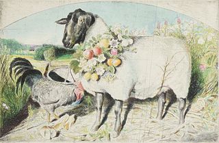 KERMIT OLIVER (American/Texas b. 1943) A HAND-CORORED PRINT, "Garlanded Sheep," 1998,