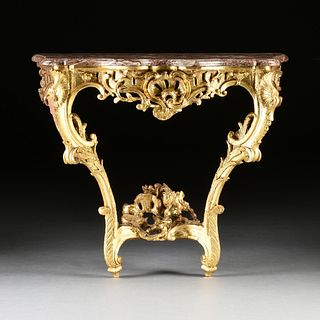 AN ITALIAN ROCOCO MARBLE TOPPED PARCEL GILT AND CARVED WOOD CONSOLE TABLE, POSSIBLY NEAPOLITAN, THIRD QUARTER 18TH CENTURY,
