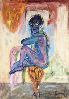 manner of FRANCIS BACON (British 1909-1992) A PAINTING, "Seated Blue Nude," 20TH CENTURY,