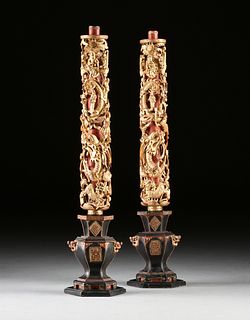 PAIR OF CHINESE FIGURAL GILTWOOD ARCHITECTURAL PILLAR FRAGMENTS ON LACQUERED VASE STANDS, QUEEN OF MOTHER OF THE WEST, QING DYNASTY (1644-1912),